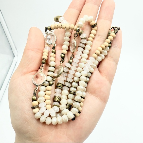 Loft Ann Taylor Multi Beads Wool Clear Rhinstones Long Necklace in Neutral Tones - Picture 3 of 9